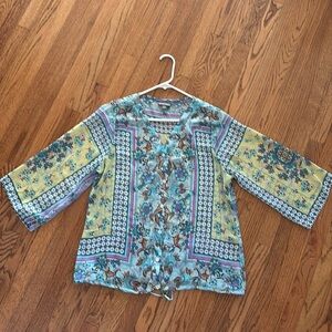 Blue yellow purple floral blouse